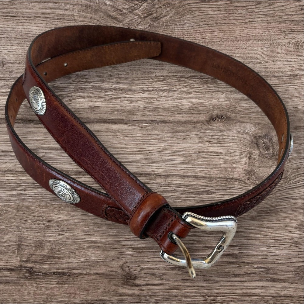 : Fossil Brown Leather Western Belt Womens Concho Tooled Buckle Silver Tone
